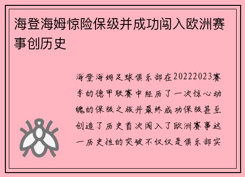 海登海姆惊险保级并成功闯入欧洲赛事创历史 海登海姆惊险保级并成功闯入欧洲赛事创历史